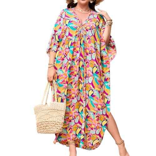 Women's Plus Size Tropical Kaftan Dress V-Neck Batwing Sleeve Beach Cover Up for Swimsuit Vacation Caftan Dress