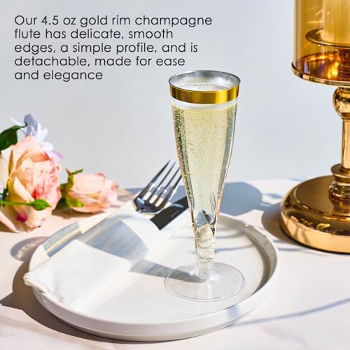 100 Pack Gold Rim Champagne Flutes - 4.5 oz Plastic Disposable Glasses