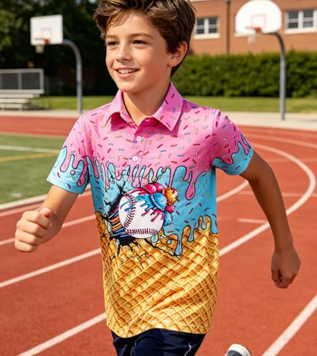 Cozople Boys Polo Shirt - Lightweight Short Sleeve Collared Top for 5-14 Years, Ball Ice Cream Pattern