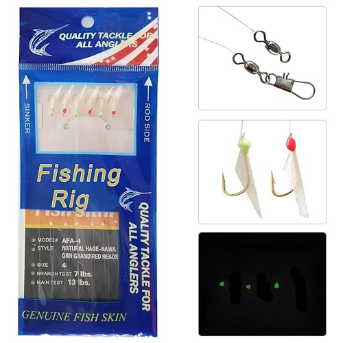 Saltwater Surf Fishing Rigs with Real Fish Skin Glow Beads Hooks Swivels - Size 4, 8 Pack - Type A