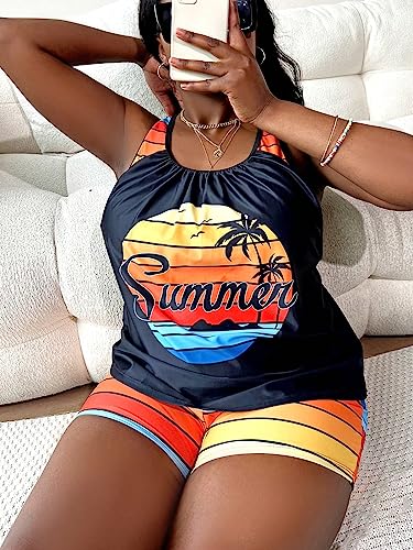 Plus Size Tropical Tankini Swimsuit 2-Piece Bathing Suit, XX-Large, Multicoloured Striped