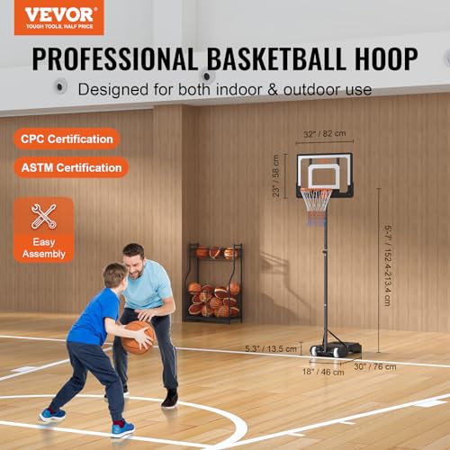 VEVOR Basketball Hoop/Rim, Adjustable Height Portable Backboard Court, Basketball Goal, Mobile Stand with Wheels Weighted Base, Youth&Adults, Outdoor/Indoor