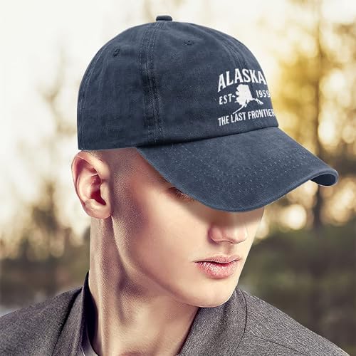 Washed Cotton Alaska Baseball Cap Adjustable Vintage Dad Hat Navy Blue Embroidered - One Size