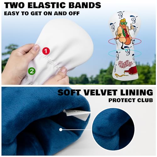 Hot Dog Golf Driver Cover for Hybrid/White - Leather Fairway & Wood Headcover with Number Tag