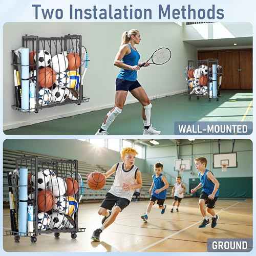 Sports Equipment Organizer Rolling Ball Storage Cart Garage Toy Storage Ball Holder Garage Organizer Sport Rack with Side Bracket for Basketball,Football, Garage, Gym