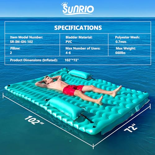 Giant Inflatable Pool Float Mat 102x72 Inches with Pool Hammock - Green Summer Water Party Accessory