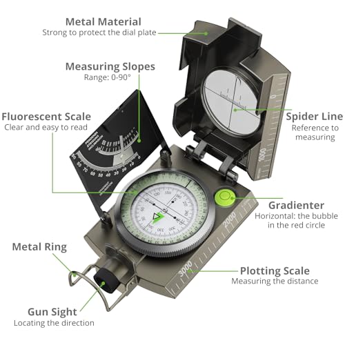 Proster IP65 Compass Hiking Survival - Lensatic Sighting Compass for Camping Navigation, Compass with Clinometer & Carry Bag for Camping Hunting Hiking Geology Activities