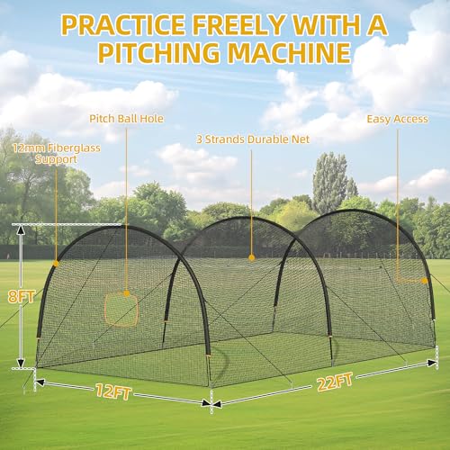 Shopsource Baseball Batting Cage, 22x12x8 Feet Baseball & Softball Hitting cage for Backyard Park, Portable Batting Cage System w/Carrying Bag