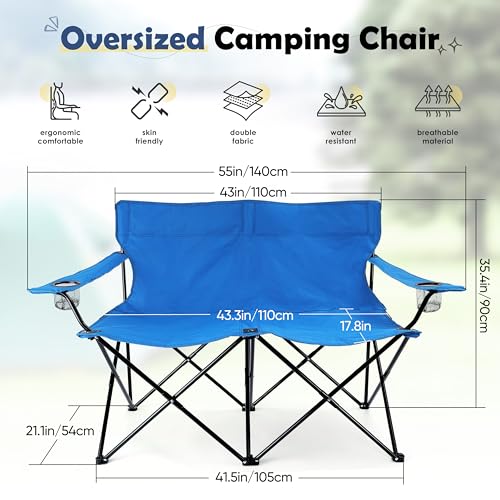 Double Seat Folding Camping Chair - Portable Outdoor Lounge for 2 with Storage Bag