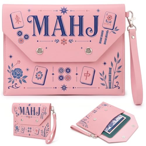 Pink Mahjong Card Holder with Magnetic Closure - Faux Leather Travel Storage