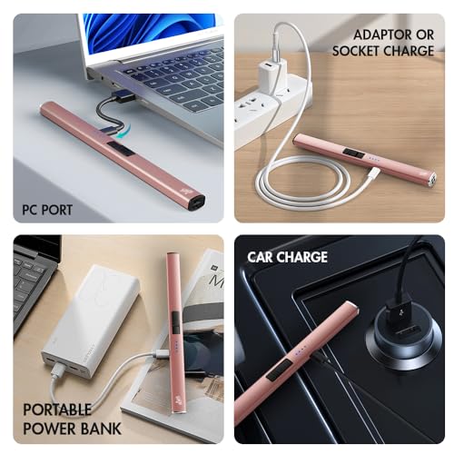 2 PCS Pack USB Rechargeable Electric Candle Lighter with LED Power Display, Dual Arc Plasma Flameless Type C Long Lighter for Birthday,Fireplace, Candle, Camping(Black & Rose Gold