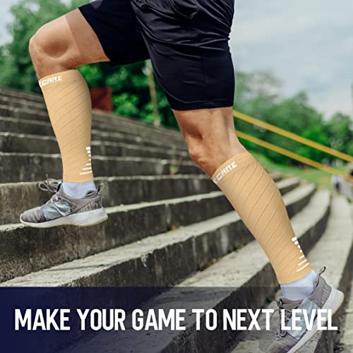 Calf Compression Sleeve for Men Women 2 Pairs - Leg Support Socks for Running Swelling Varicose Veins Pain Relief - Beige/White Medium