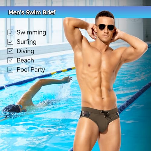 Men's Printed Swim Briefs - Arjen Kroos Pattern Bikini Swimsuit with Drawstrings, Lined Pouch - Army Green / Medium
