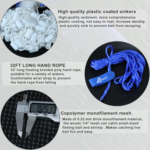 Fishing Cast Net 3/8 & 1/4 Mesh 5FT Radius Heavy Duty Gray Sinkers Monofilament