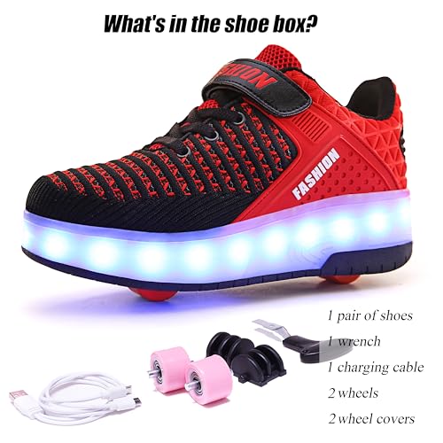 Kids Roller Shoes with Lights - A-Red, Lightweight & Breatheable, Beginner Sneakers with Wheels, USB Charging - Little Kid Size 1