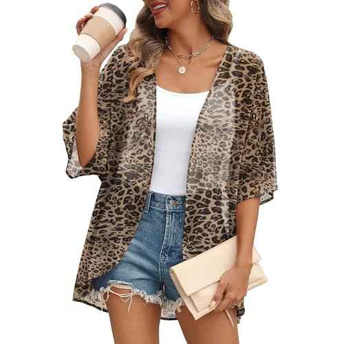 OFEEFAN Beach Cover Ups for Women 3/4 Length Sleeve Womens Tops Summer Cardigan Casual Blouses Loose Fit