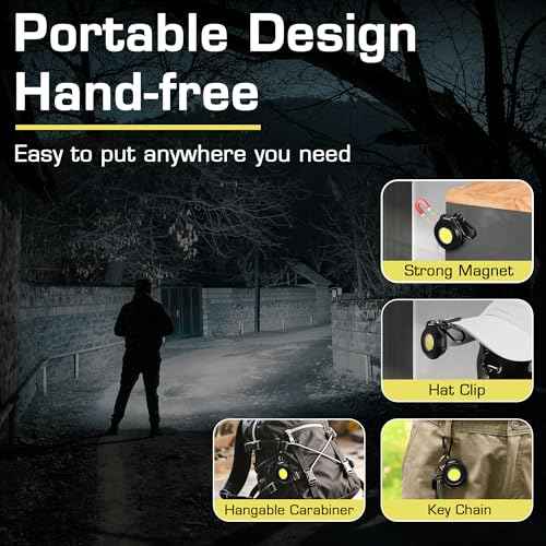 WORKPRO COB Keychain Light, 2Pcs Small Work Keychain Flashlight with Hat Clip, EDC Rechargeable Magnetic 3 Light Modes Carabiner Flashlight for Running, Emergency Hiking and Repairing, Black