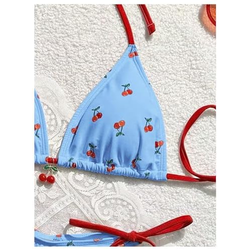 WDIRARA Women's 2 Piece Swimsuit Cherry Print Bikini Set Halter Triangle Bikini Side Tie String Bathing Suits