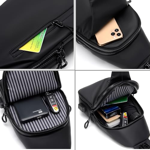 Men Crossbody Bag Waterproof Sling with USB Charging Port - Black