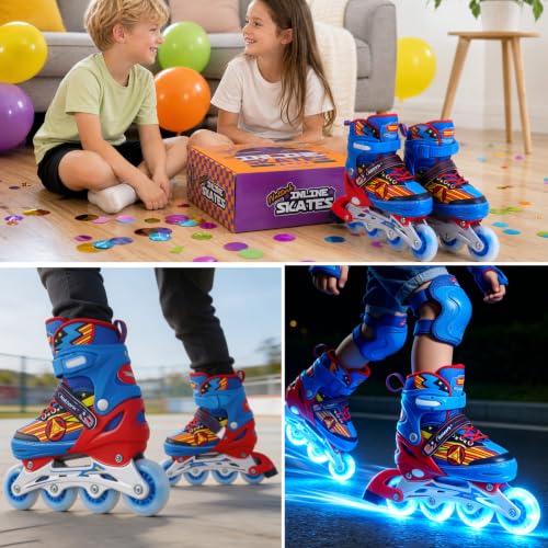 Blue Adjustable Light Up Inline Skates for Boys Toddler Ages 5-8 - Medium