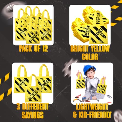 Construction Birthday Party Tote Bags 12-Pack Kids Goodie Gift Bags - Yellow Mini Construction Theme