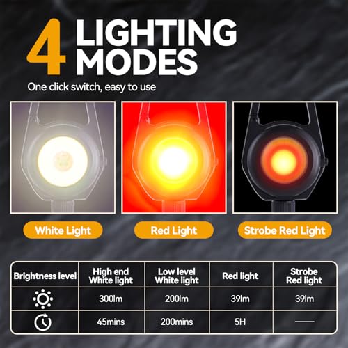 Retractable Keychain Condenser Flashlight 300 Lumens Rechargeable 4 Working Modes with Key Ring and Quick Assembly Ring 30 Inch Dyneema Cord for Work Light,Fishing, Camping, Hiking,Emergency (Black)