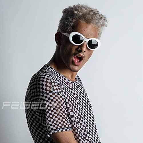FEISEDY Sunglasses White Oval Clout Goggles for Women Men Retro Round Trendy Rimmed Clueless Costume Frame B2253