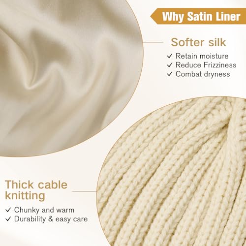 Satin Lined Beanie for Women Knit Winter Hats Silk Lined Womens Beanie with Detachable Pom Pom