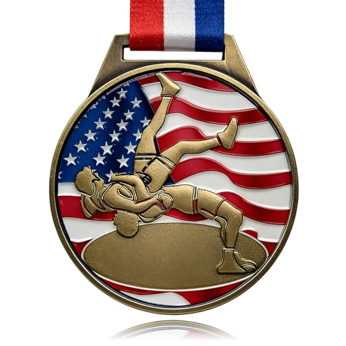 Gold Wrestling Medal 3 Inch American Flag Award for Tournaments & Competitions