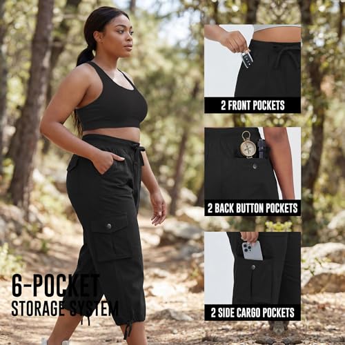 Plus Size Cargo Capris for Women with Pockets Lightweight Stretch Wide Leg Cropped Activewear Joggers - 3X-Large Black