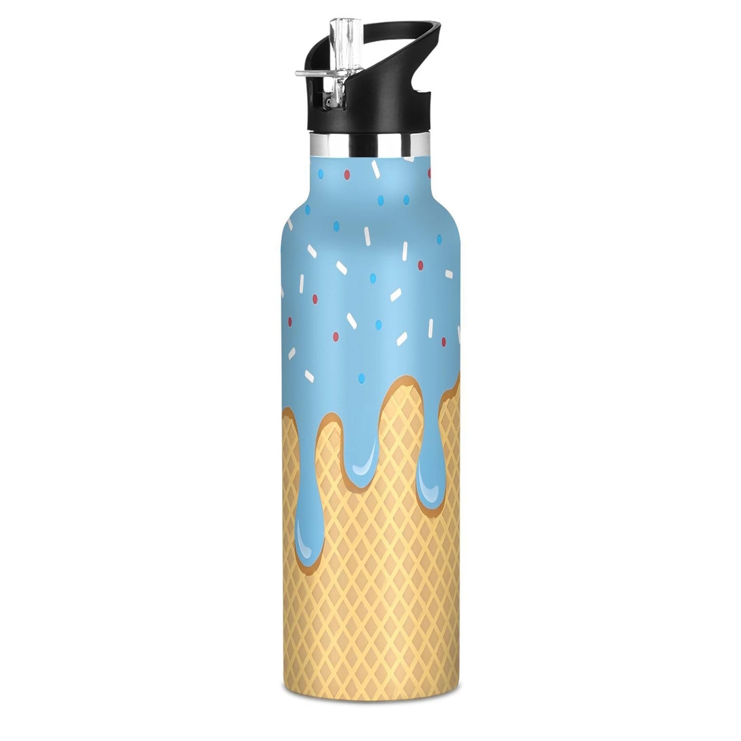 Blue Ice Cream Water Bottles for Boys Kids Stainless Steel Thermos Bottle Cups with Straw Lid Leakproof Insulated Flask Jug 20 oz