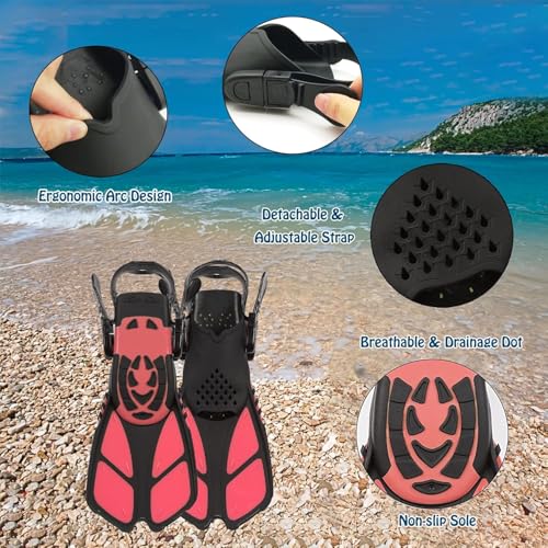 Kids Snorkel Mask Fins Set with Diving Mask, Adjustable Snorkel & Mesh Bag - Light Pink