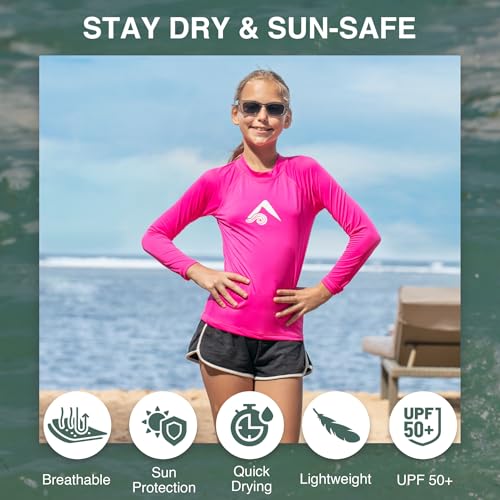 Kanu Surf Girl's Keri UPF 50+ Long Sleeve Rashguard, Neon Pink, Small (8)