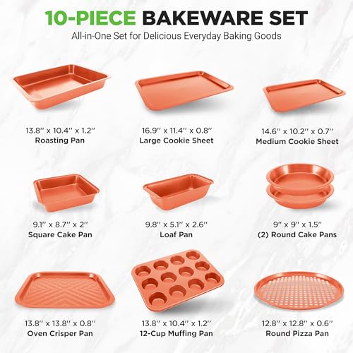 NutriChef 10-Piece Copper Bakeware Set - Non-Stick Oven Baking Pans
