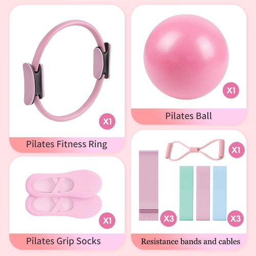 Pilates Ring Set, 14" Magic Circle, Long & Loop Resistance Bands, Soft Pilates Ball, Grip Socks,Puller, Home Workout Equipment for Women & Beginners to Tone, Flexibility & Core Strength (Black)
