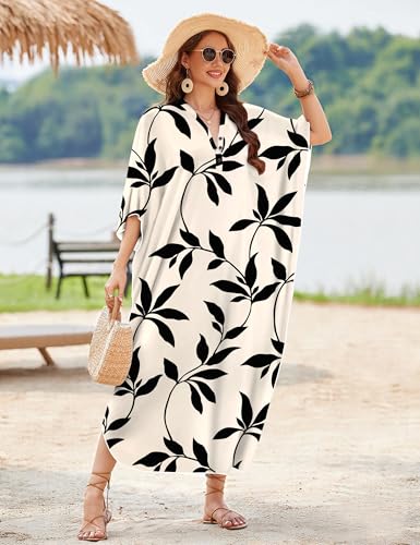 Women Kaftan Dress Maxi Cover-Up for Beach and Summer - Black White Leaves, Large-XX-Large