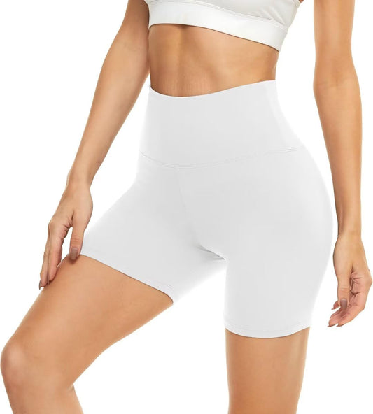 5” Biker Shorts for Women - High Waist Tummy Control Stretch Spandex Workout Yoga Running Gym Underwear, White, Plus Size