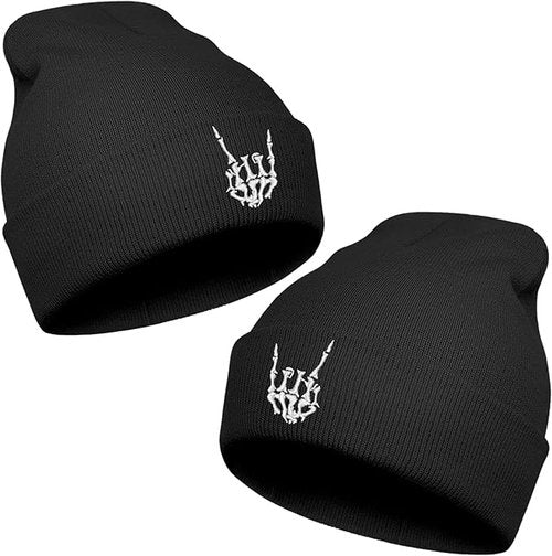 Pack of 2 Halloween Skull Goth Skeleton Hand Knit Beanie Cool Birthday Gifts for Men Women (Black & Black, Medium)