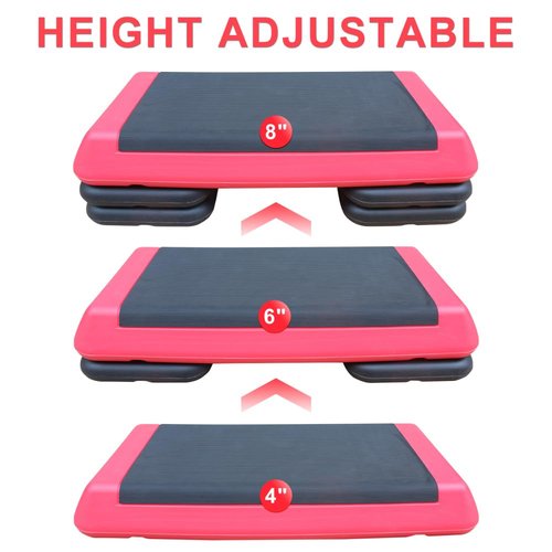 Adjustable Aerobic Stepper with 4 Risers, Gray and Black Fitness Step Platform for Home Gym Workouts (Black+Red + Plastic)