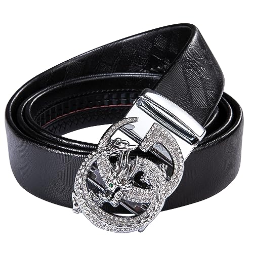 Men's Leather Ratchet Dress Belt with Sliding Buckle - Silver Dragon01, 36-45 Inches