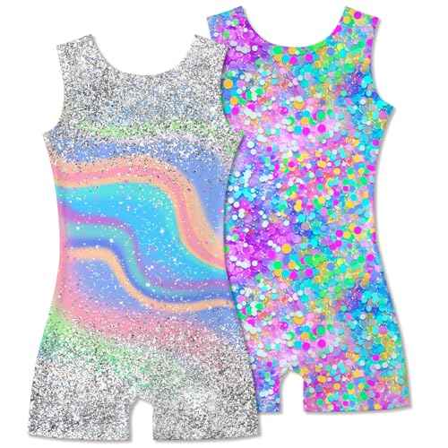 2 Packs Gymnastics Leotards for Girls Mermaid Leopard Dance Leotard Kids Biketard with Shorts