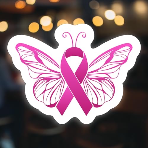 Breast Cancer Awareness Butterfly Sticker - 5 Inch Pink Ribbon Vinyl Decal