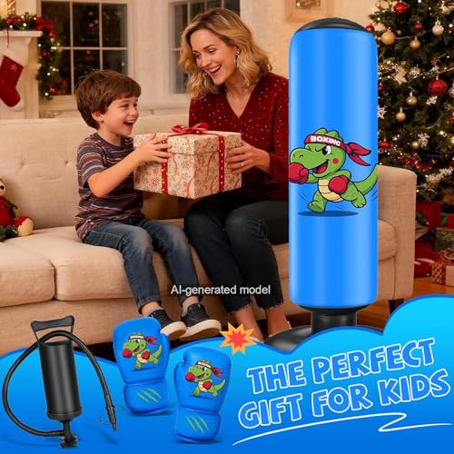 Kids Punching Bag Set with Dinosaur Design, Gloves & Pump - 48 Inches