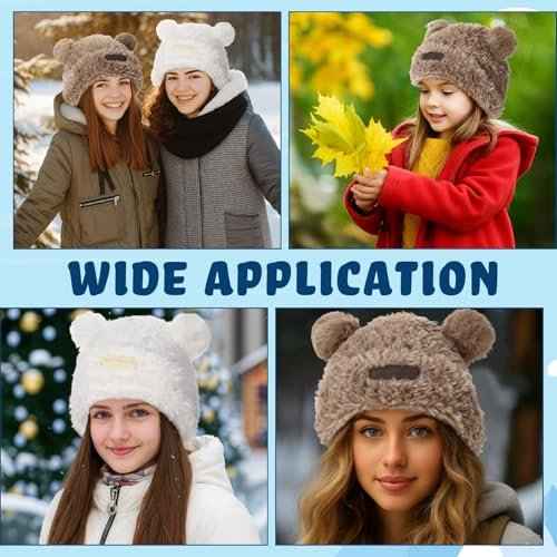 2 Pcs Cute Fuzzy Bear Ear Beanie for Women Winter Plush Warm Woolen Hat Faux Fur Animal Knitted Cap