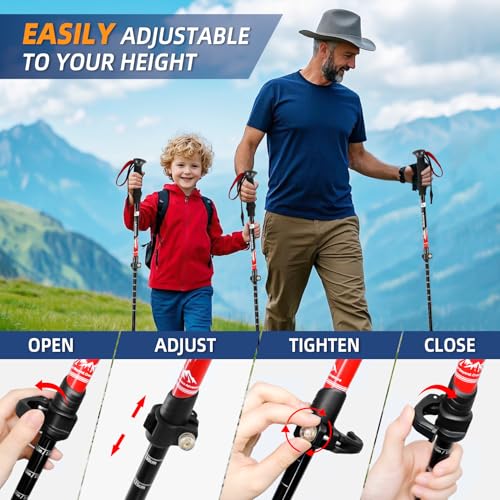 Adjustable Lightweight Aluminum Hiking Poles - Red