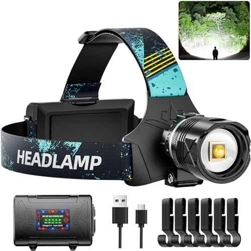3000 Lumens Super Bright Headlamp, Rechargeable LED Head Lamp, 90 Hour Standby Head Light with 9 Modes, IPX7 Waterproof Zoom Headlamps, 125¡Æ Adjustable Headlight for Camping, Adults