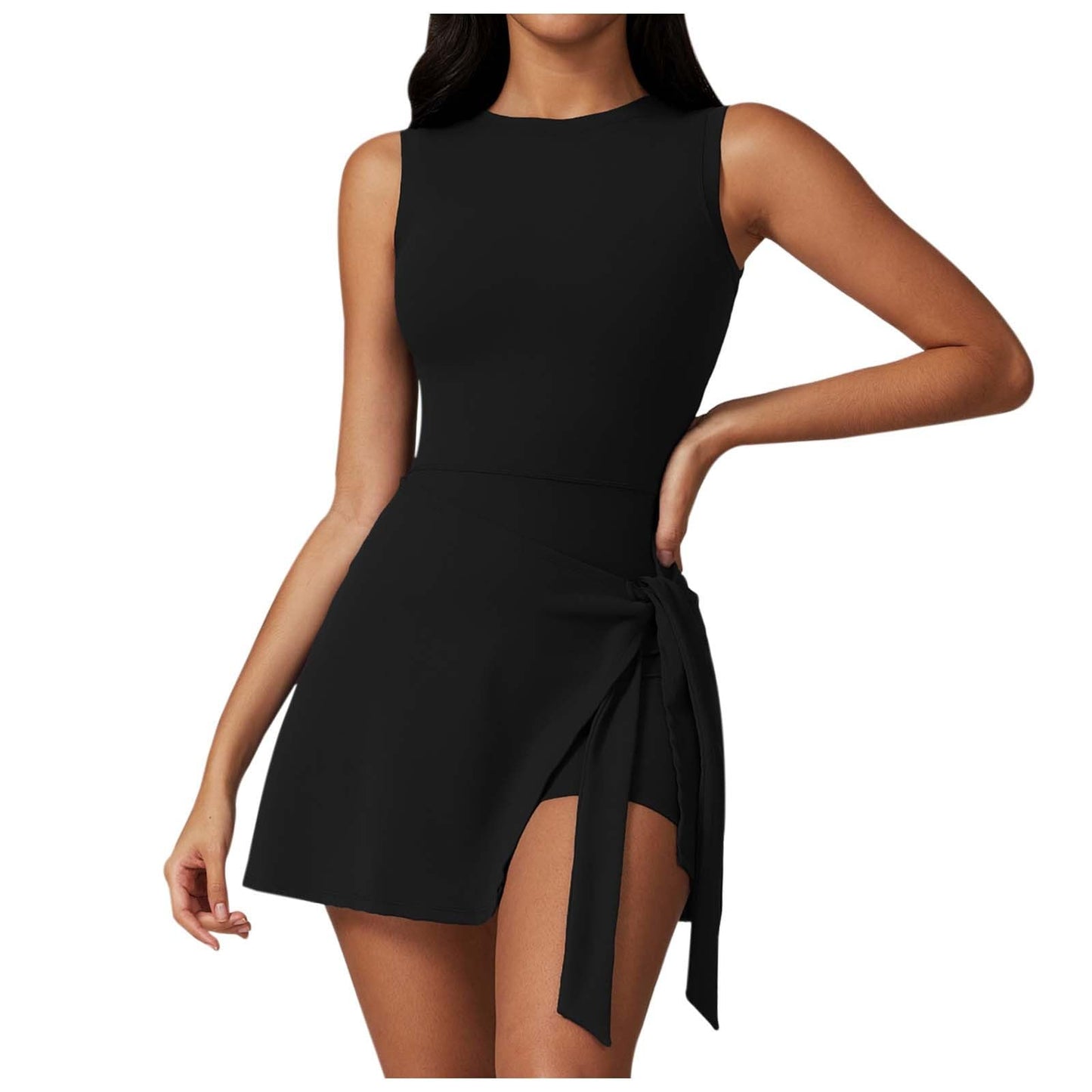 JiXiang Women's Tennis Dresses Crew Neck Sleeveless Wrap Side Slit Active Dress Built in Shorts Golf Athletic Workout Rompers