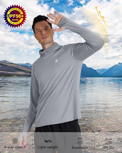 Roadbox Men's UPF 50+ Hooded Fishing Shirt Long Sleeve Sun Protection Hoodie Large Gray