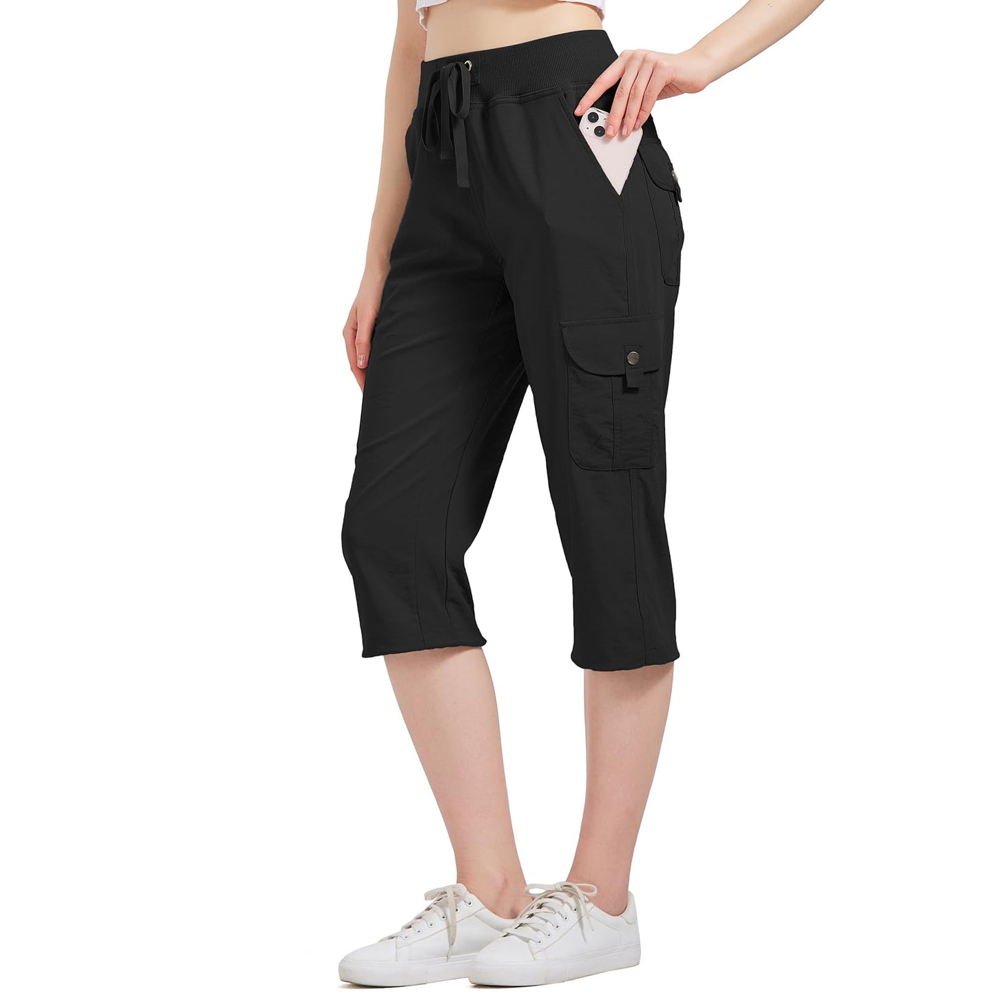 Toumett Women's Cargo Capris Hiking Pants Quick Dry Lightweight Outdoor Pants Casual Travel Comfy Cute Pockets(2032,Black,L)