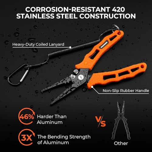 Fishing Split Ring Pliers - 7 Inch, Orange, Stainless Steel, Tungsten Cutters, Multi-Function
